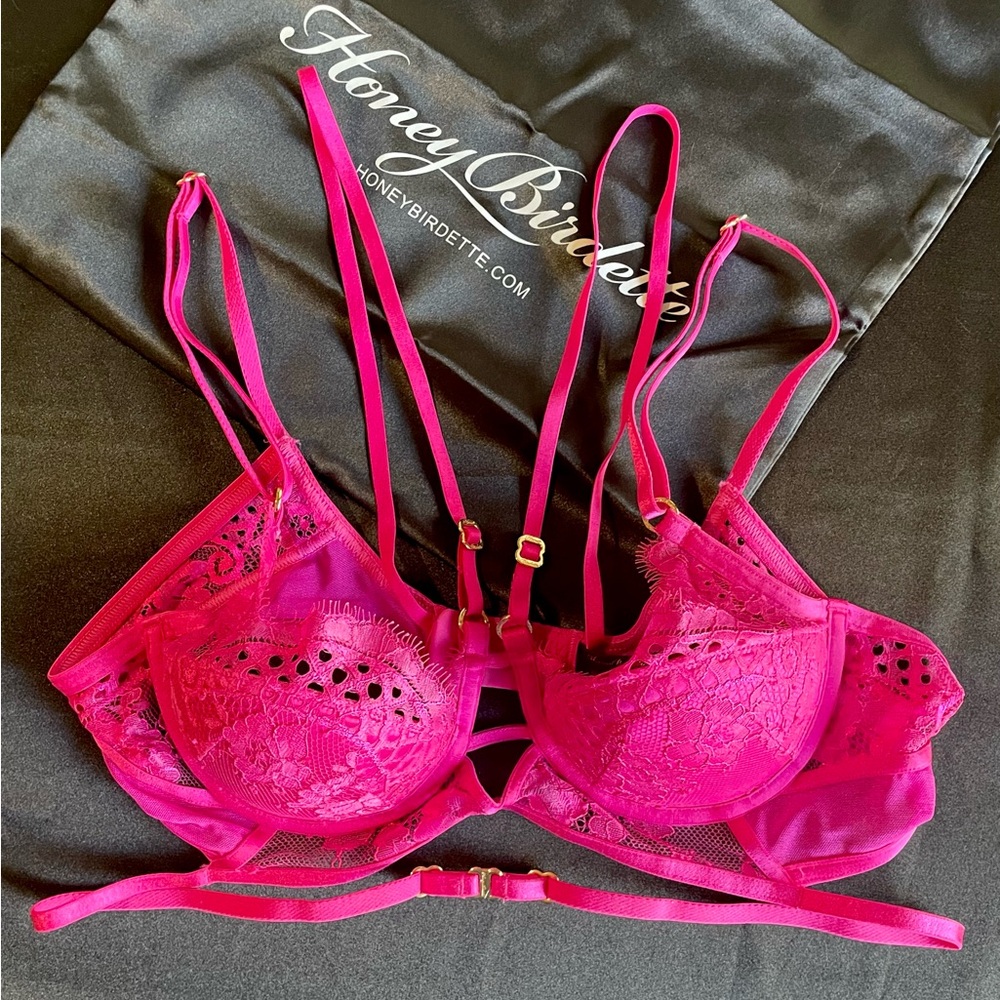 Honey Birdette Vanessa Lingerie 🩷 Lace Floral Push Up Bra, Hot Pink, US 34B